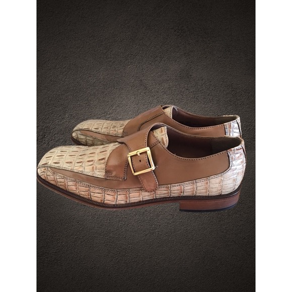 Stacy Adams Shoes Mens Size 9M Brown and Tan Monk Strap Croc Print Leather Dress - Picture 5 of 10